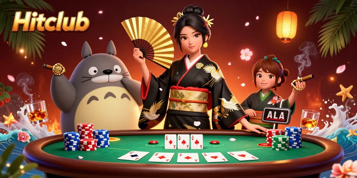 Hitclub features an elegant Asian woman in a rich kimono showcasing the thrill of gambling with poker elements.