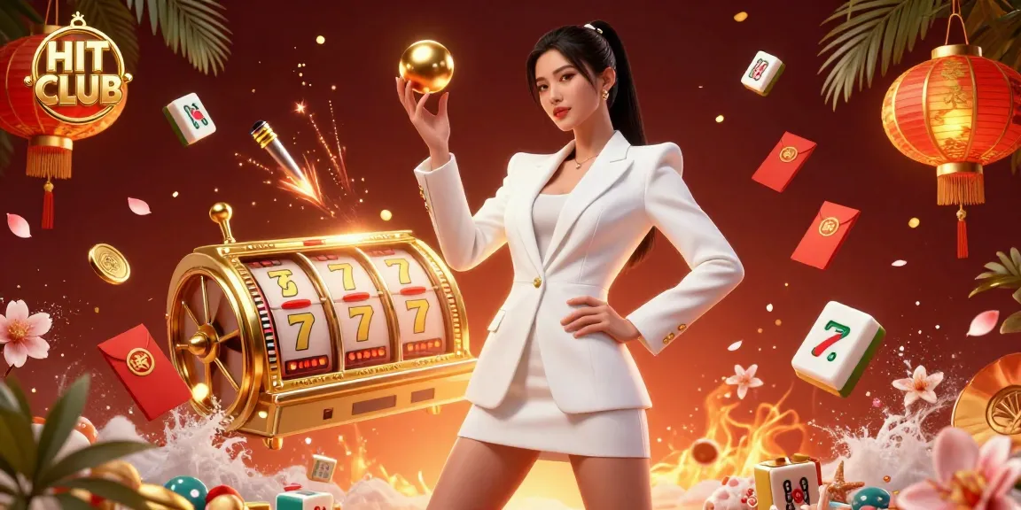 Engage in the HIT CLUB casino experience with a glamorous Asian woman holding a roulette ball amid dynamic gaming elements.