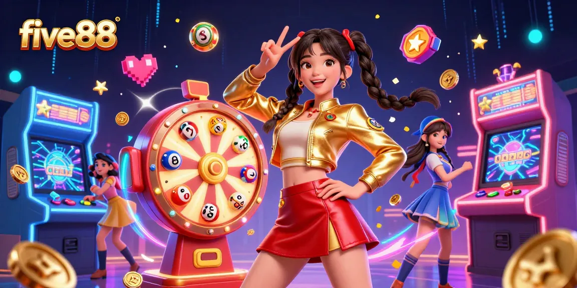 Engage with the excitement of five88 featuring a vibrant Asian woman celebrating amidst colorful casino elements.