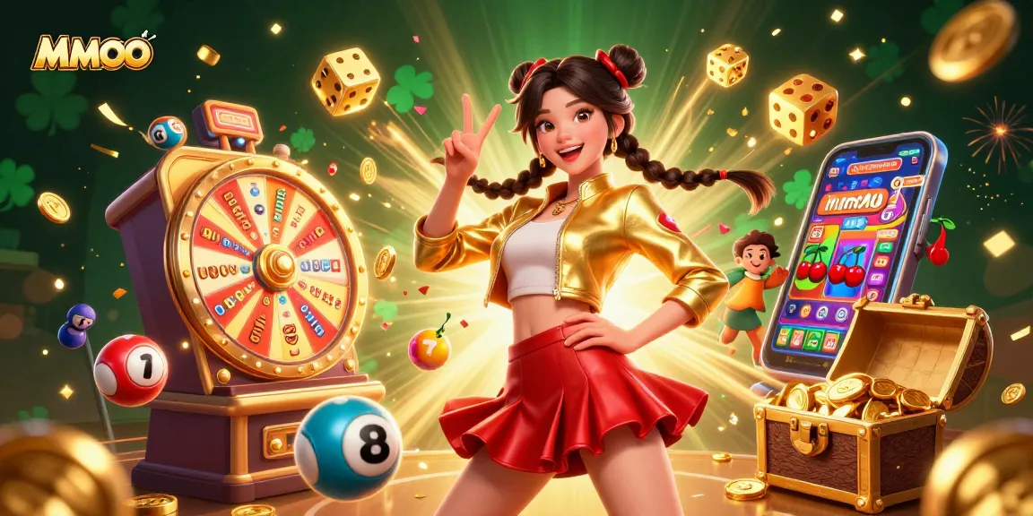 Experience the excitement of MMOO with a vibrant Asian woman celebrating casino wins amidst colorful elements.