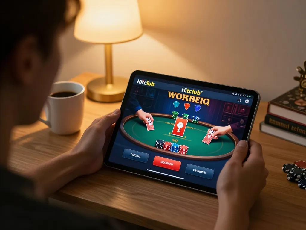 Hitclub player engaging with poker app on tablet for an immersive gaming experience