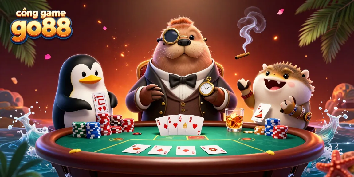 Experience thrilling gameplay at cổng game go88 with cartoon characters at a vibrant poker table.