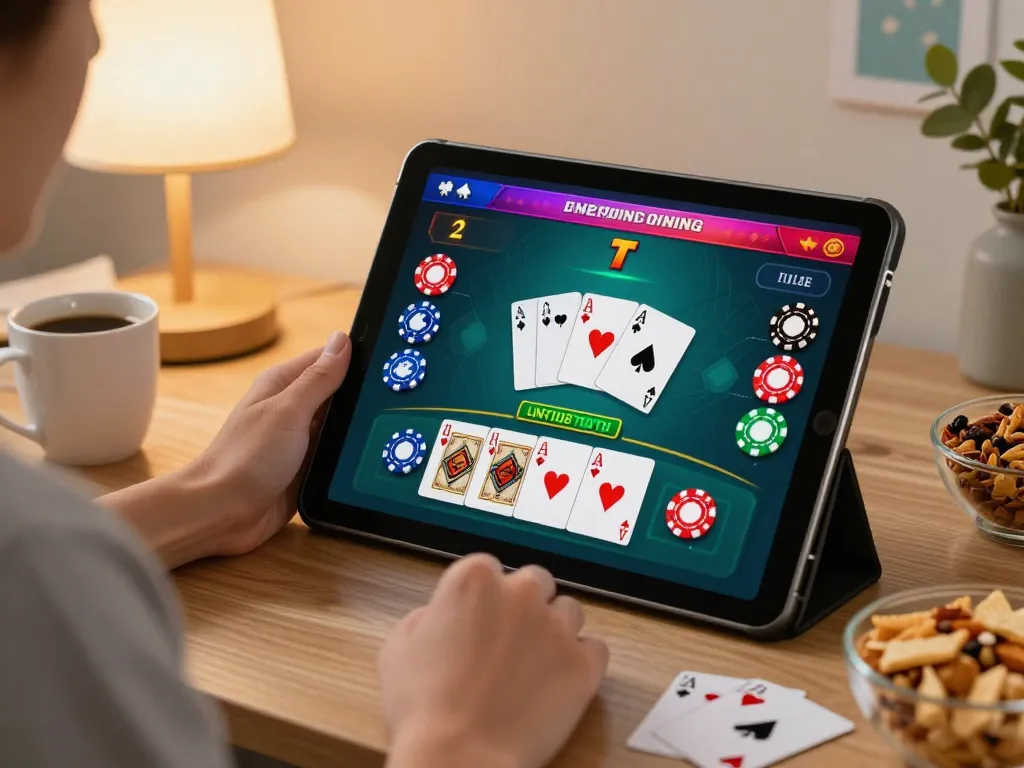 Hitclub player strategizing during online blackjack in a cozy home setting