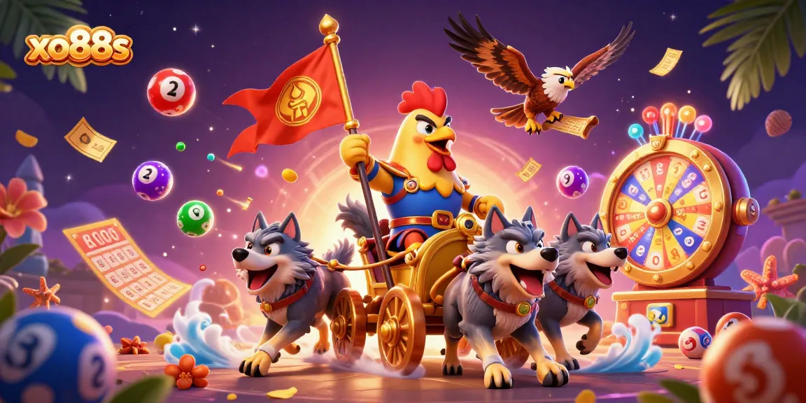 Engage in exciting games at xo88s with a dynamic scene featuring a rooster warlord and gambling elements.