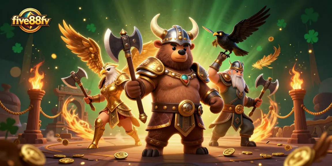 Engage with exciting gameplay at five88fv featuring a Viking bear and Valkyrie amidst casino themes.