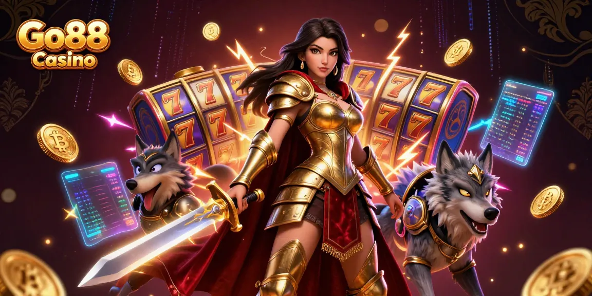 Play slots and win big at Go88 Casino with a captivating 3D illustration showcasing thrilling gaming action.