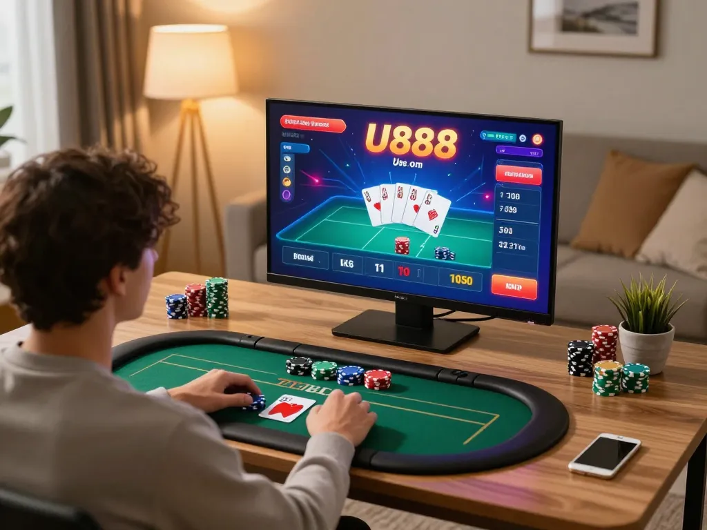 Player using U888 online casino app for strategic gameplay in cozy home setting