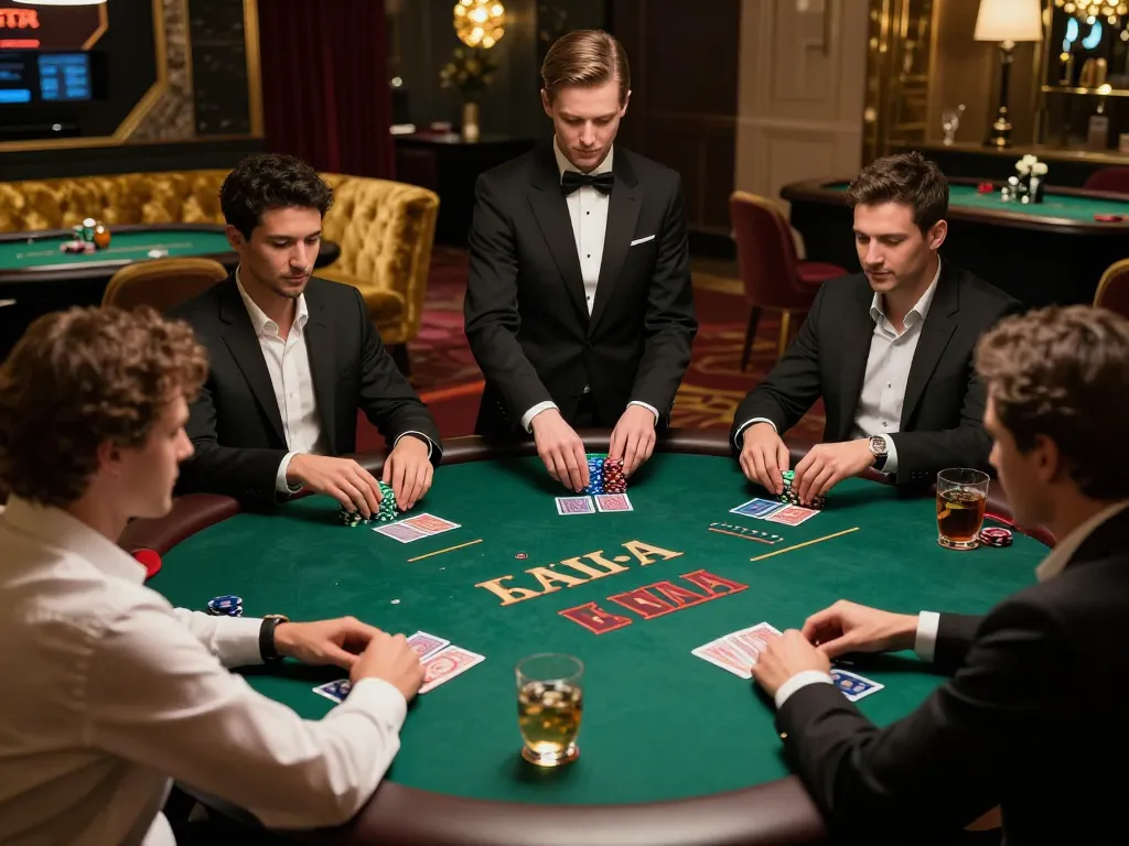 Engaged players at LODE88 high-stakes poker table strategizing their winning moves in an elegant casino.