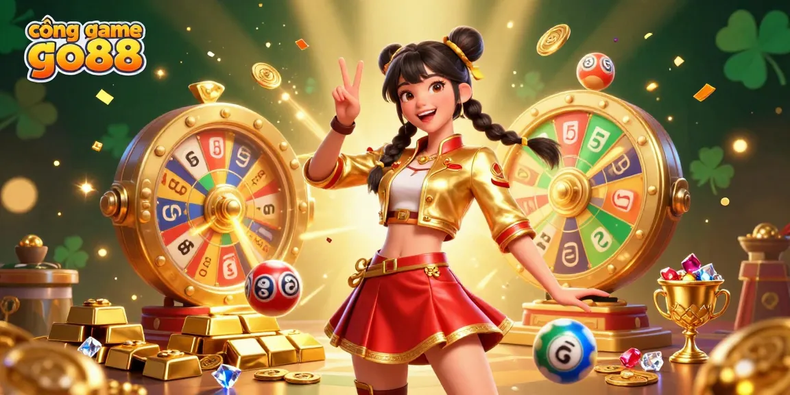 Engage in exciting games at cổng game go88, featuring lottery balls, a prize wheel, and a vibrant atmosphere.