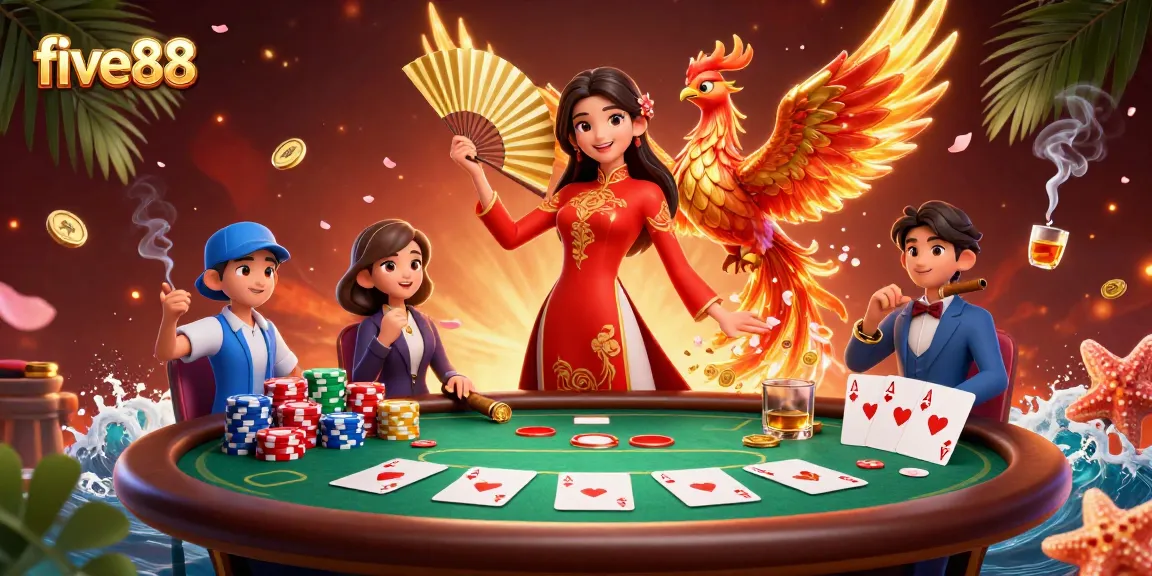 Engage with five88 at a vibrant casino scene featuring a Vietnamese woman and flaming phoenix.
