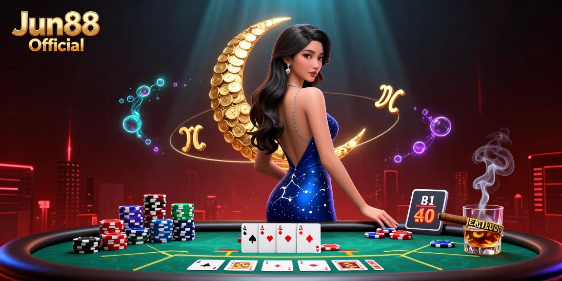 Engage with the Jun88 Official casino experience, showcasing exciting poker elements and a stunning cinematic design.