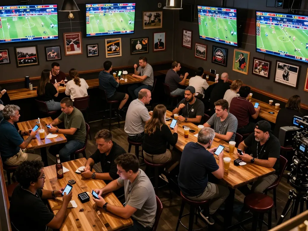 Betting action in a lively sports bar focused on kèo nhà cái 5 with enthusiasts analyzing odds.