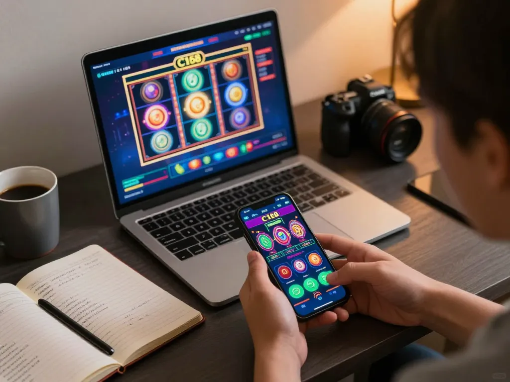 C168 online gaming setup showcasing smartphone and vibrant casino app interface for responsible gambling