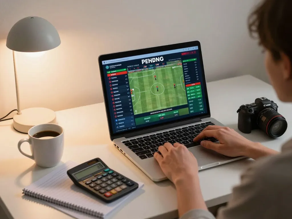 Engaged player placing bets on rikbet sports betting platform using laptop in cozy workspace
