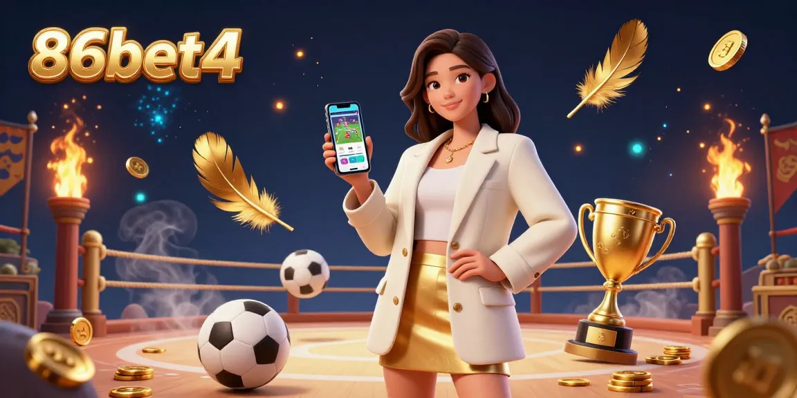 Engage with 86bet4's dynamic sports betting scene featuring a vibrant Asian woman showcasing a betting app amidst golden elements.