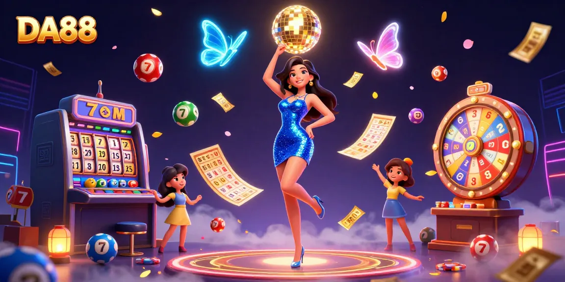 Experience the excitement of DA88 in a vibrant casino scene with slot reels and lively characters.