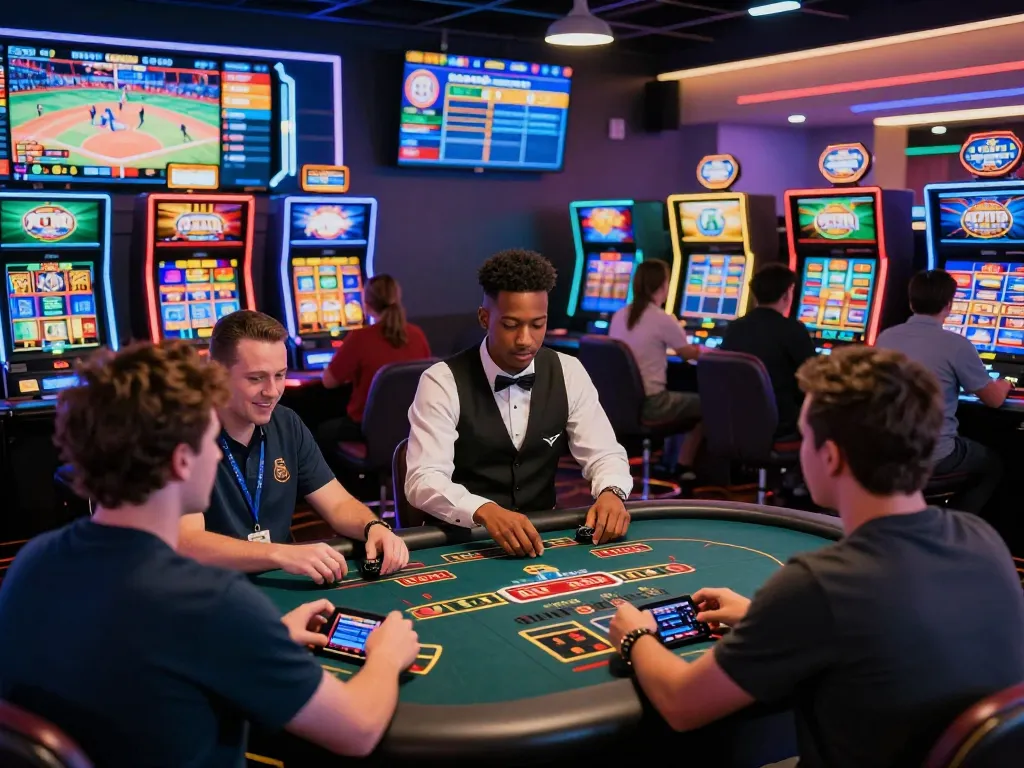 Engaging online gaming experience at https://ko66a.uk.com/ showcasing diverse players, exciting live casino games, and vibrant slot machines.