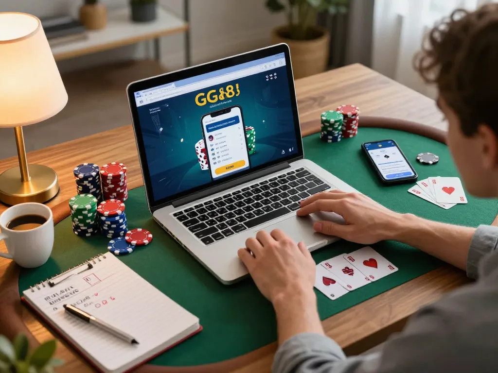 GG88 player engaged in online poker gaming, surrounded by strategy notes and vibrant gaming elements.