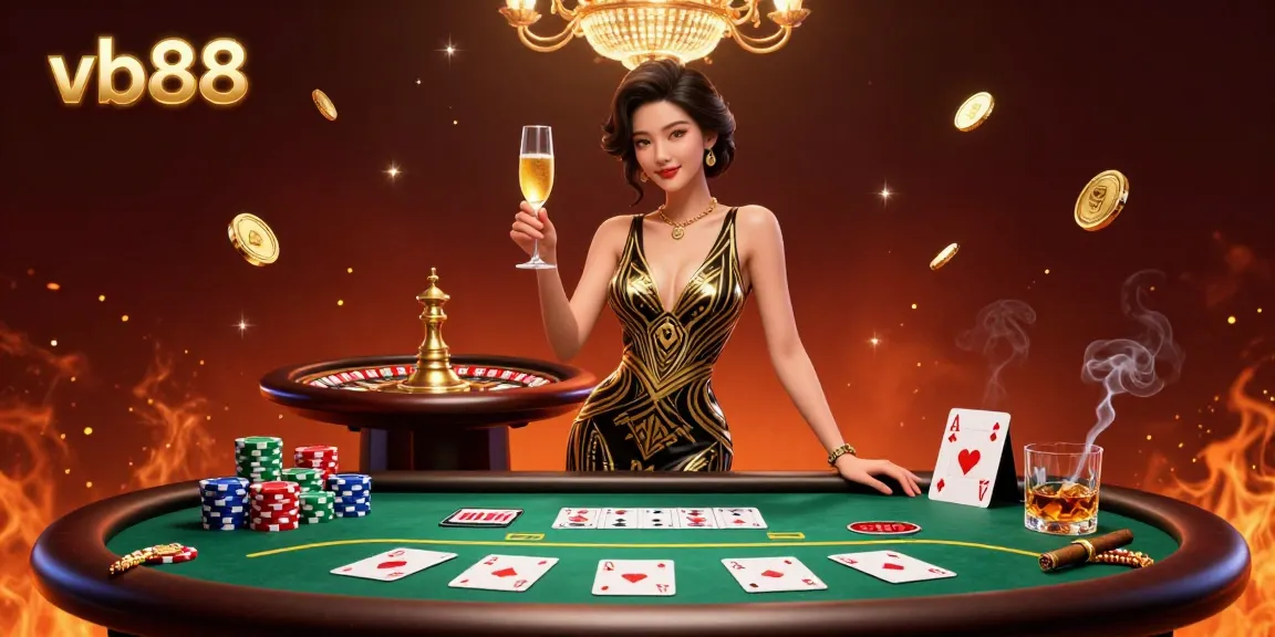 Engaging 3D casino scene featuring vb88 with elegant woman at a roulette table and poker elements.