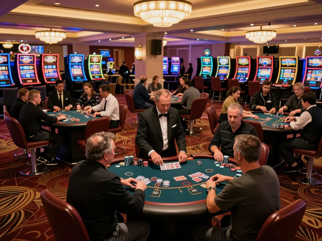 Players enjoying intense poker games at CM88 casino, vibrant atmosphere with chips and cards in action.