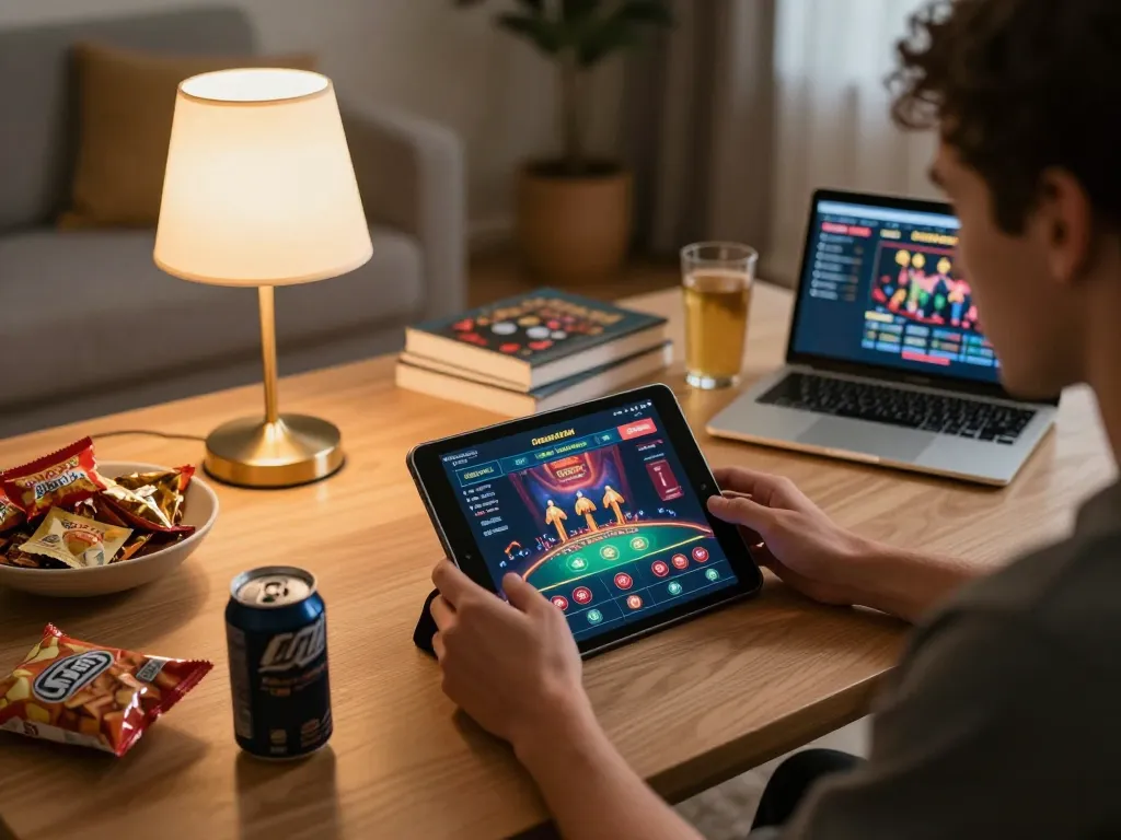 Engaging in dn88 trang chủ gaming, a player uses a tablet to navigate online casino options with snacks nearby.