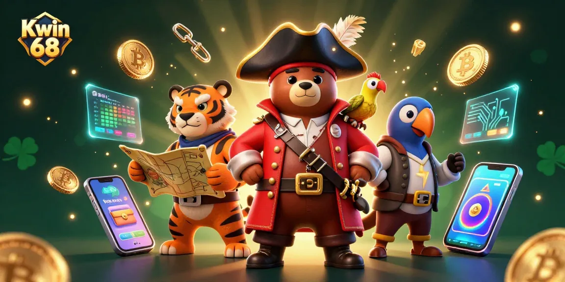 Play exciting casino games at Kwin 68 with a dynamic scene featuring a pirate bear and tiger.