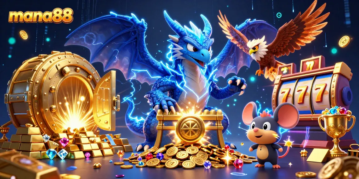 Win big with mana88 as a dragon, hawk, and thunder mouse unite in a dynamic casino scene.
