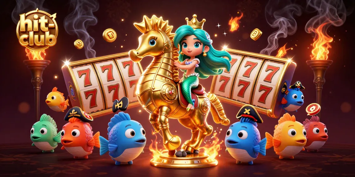 Engage with hit-club's vibrant casino experience, featuring a whimsical illustration of a mermaid, seahorse, and dazzling treasures.
