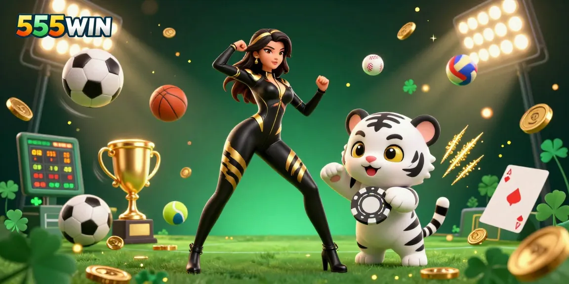 Engage with 555WIN through thrilling online gaming, featuring vibrant characters and rich gambling elements.