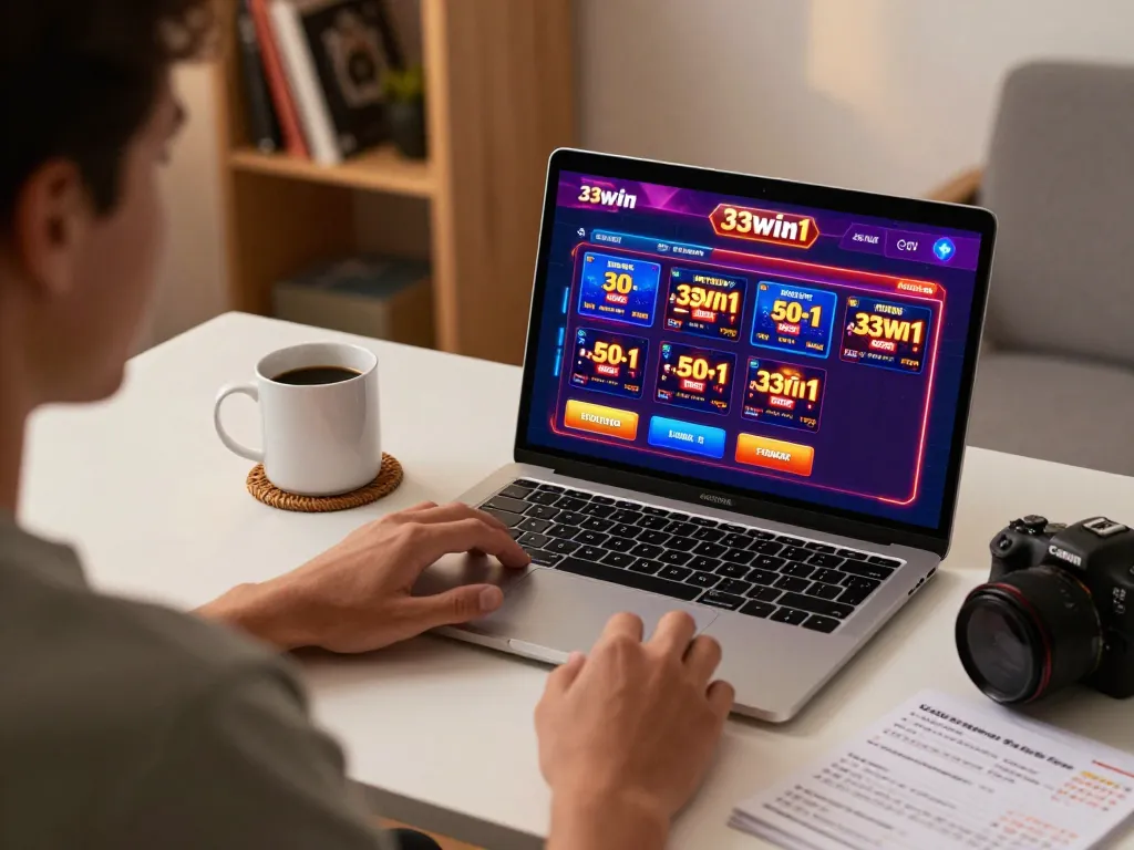 Engaging gameplay on 33win1 platform in a cozy home setting, user strategizing online gambling.