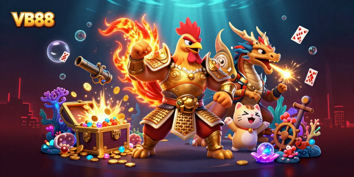 Experience the dynamic excitement of VB88 with a vibrant illustration featuring a fighting rooster, armored dragon, and treasure.