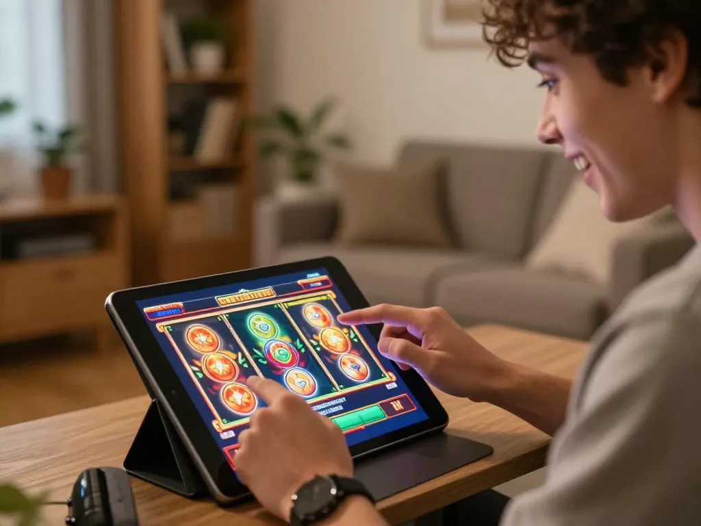 BOM88 player enjoying online slots on a tablet in a cozy living room setting, highlighting interactive gaming experience