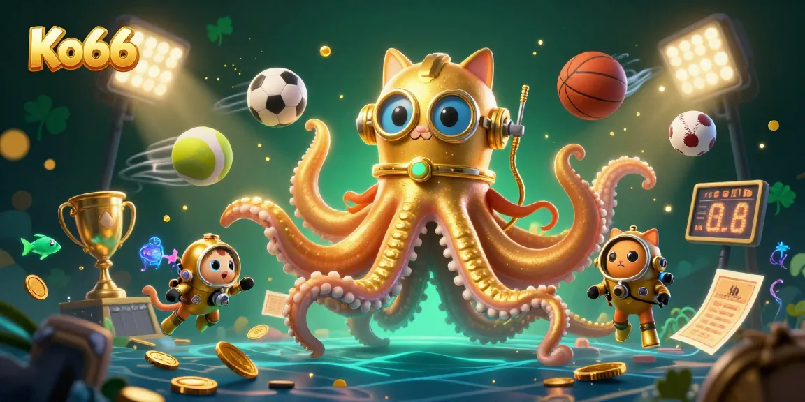 Engage in thrilling gameplay at Ko66 with a colossal kraken and diving cat in a vibrant casino-inspired scene.