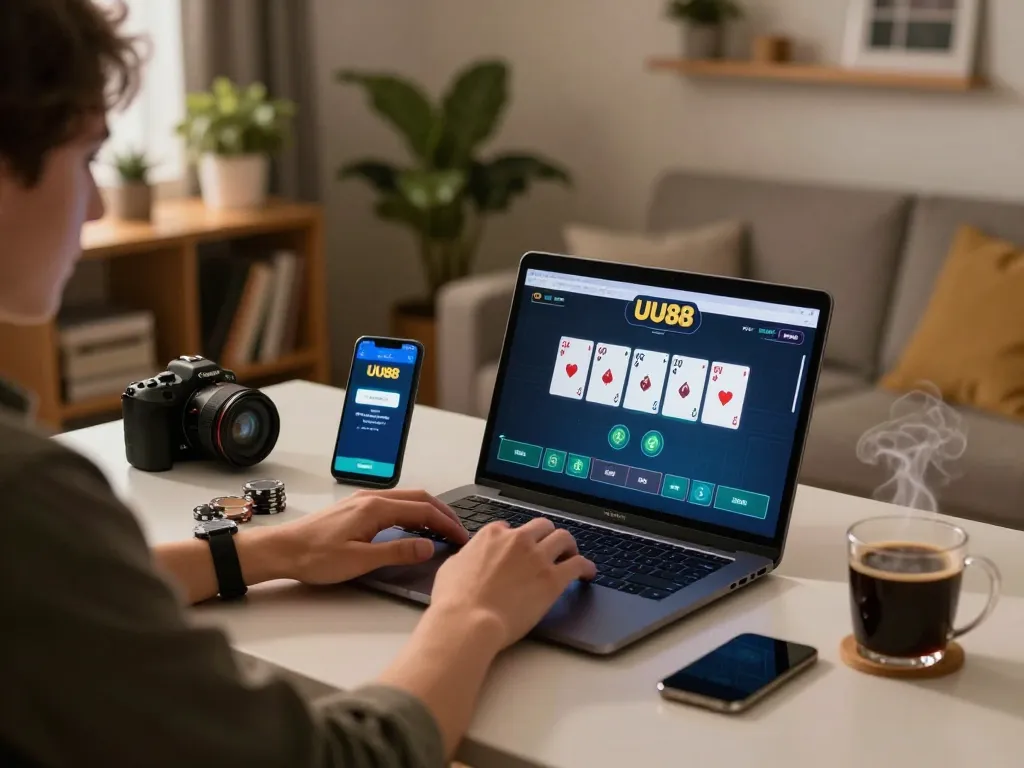 Person playing poker at home on UU88 online casino app, showcasing strategic gameplay.