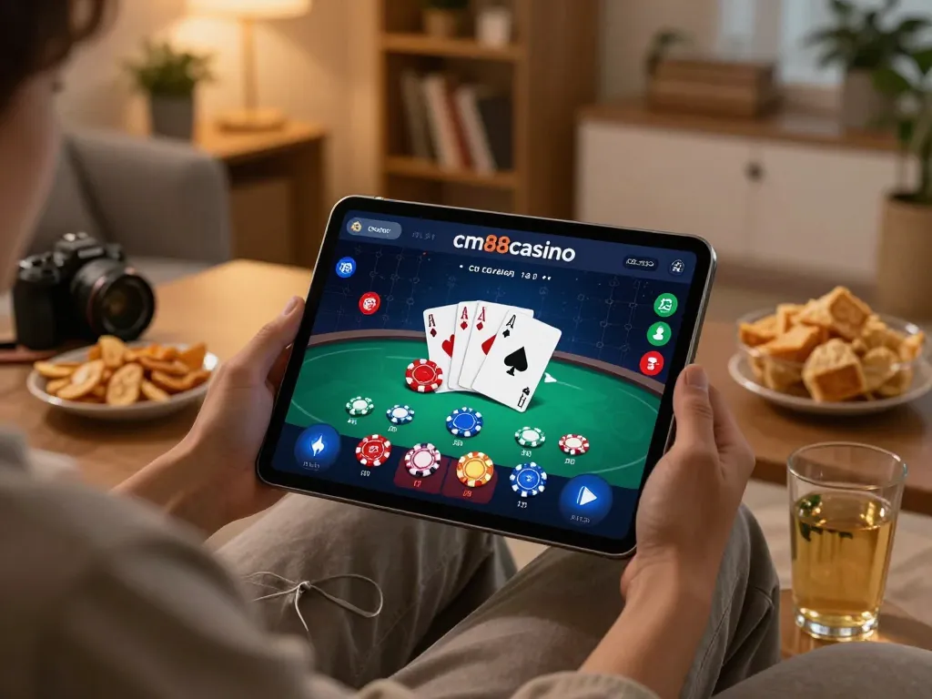 Engaged player enjoying cm88casino online poker game on tablet in a cozy living room.