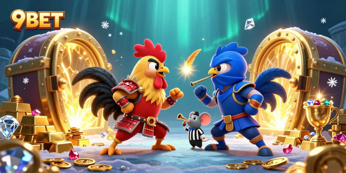 9BET showcases fighting roosters in a dramatic scene full of treasures and gaming elements.