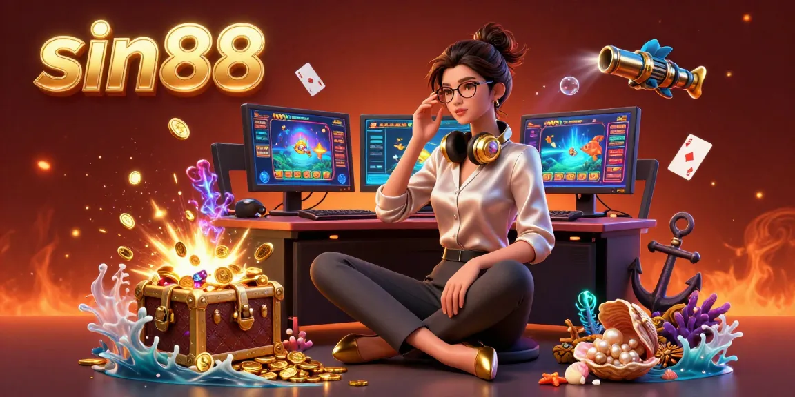 Experience the excitement of sin88 with a vibrant 3D illustration showcasing dynamic casino game elements and a stylish gamer.
