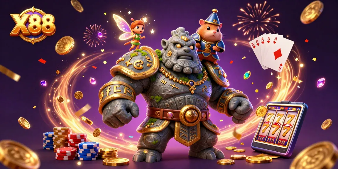 X88 offers thrilling gaming experiences with dynamic characters and a wealth of casino elements in this vibrant 3D illustration.