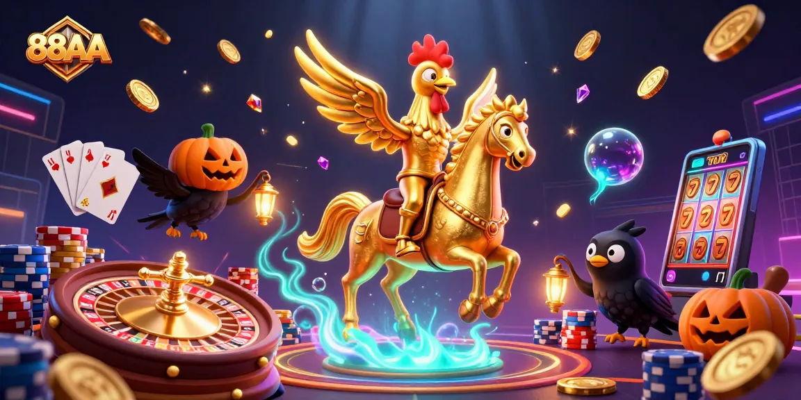 Experience 88AA thrills in a vibrant casino scene with golden rooster and pumpkin-headed crows.
