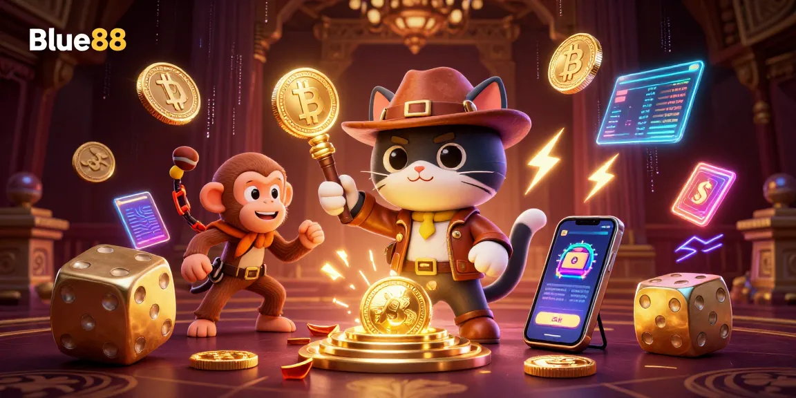 Experience adventure at Blue88 with an explorer cat uncovering casino treasures among vibrant cryptocurrency elements.