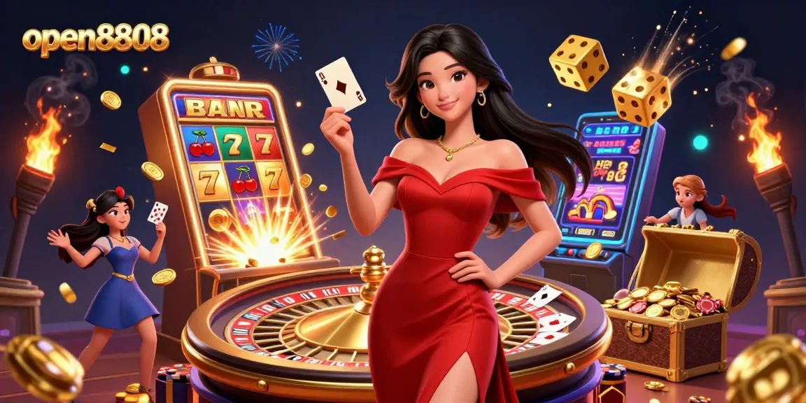 Experience the thrill of open8808 as a confident gamer wins big with a golden playing card.