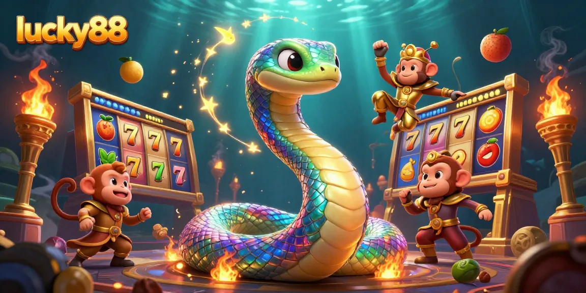 Win big with lucky88 slots in a vibrant and dynamic casino illustration featuring a rainbow serpent.