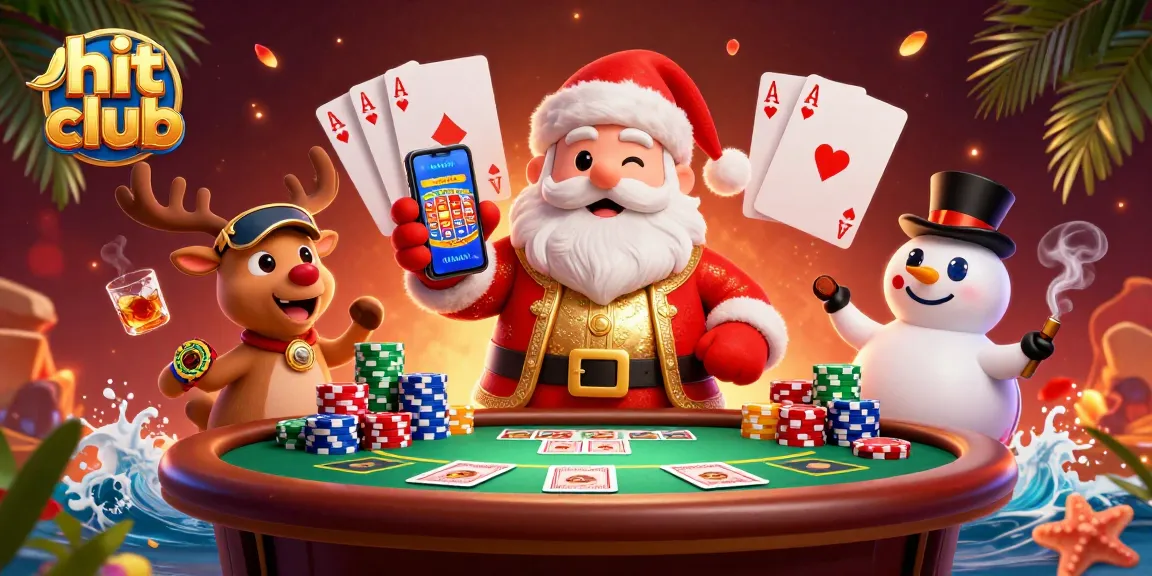 Join the festive excitement at hit club with a 3D casino scene featuring Santa and friends.