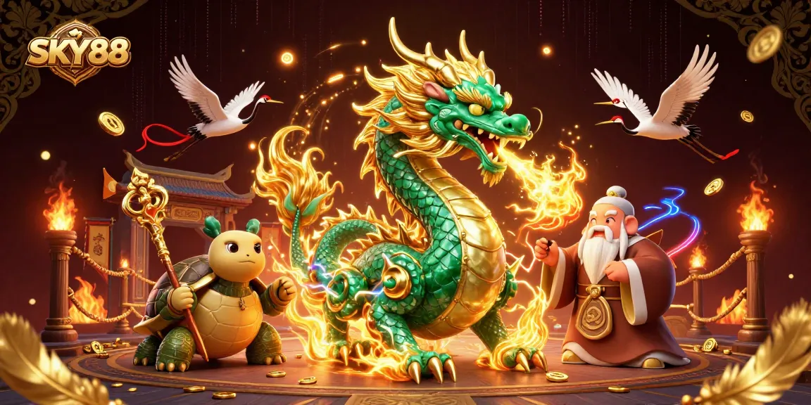 Engage with SKY88's vibrant betting arena featuring a jade dragon, lucky cranes, and more.