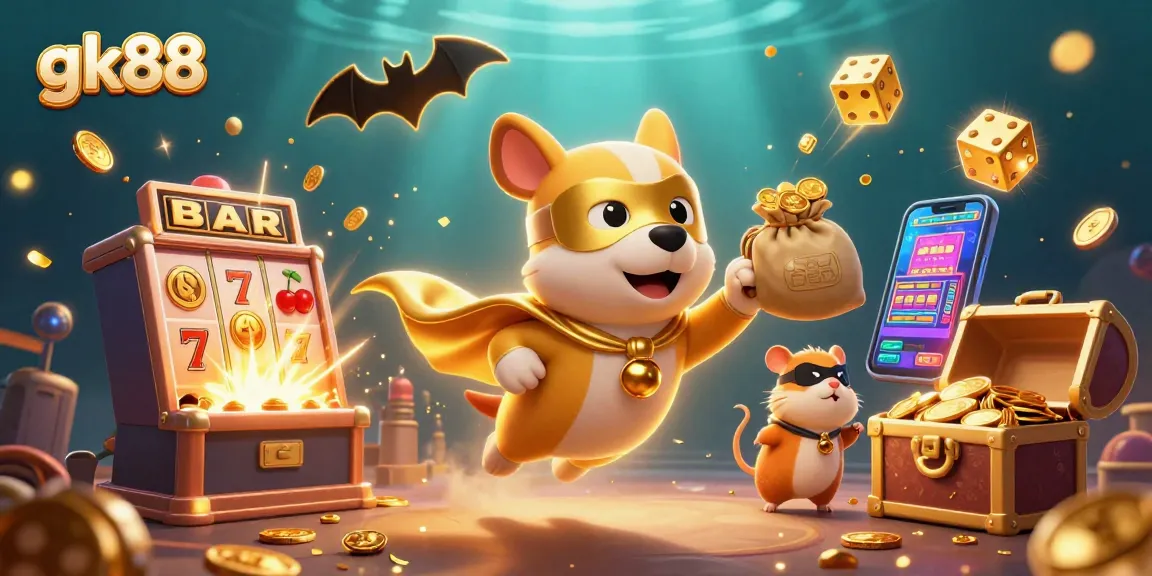 Experience gk88's vibrant gambling scene with thrilling slots, icons, and playful characters.