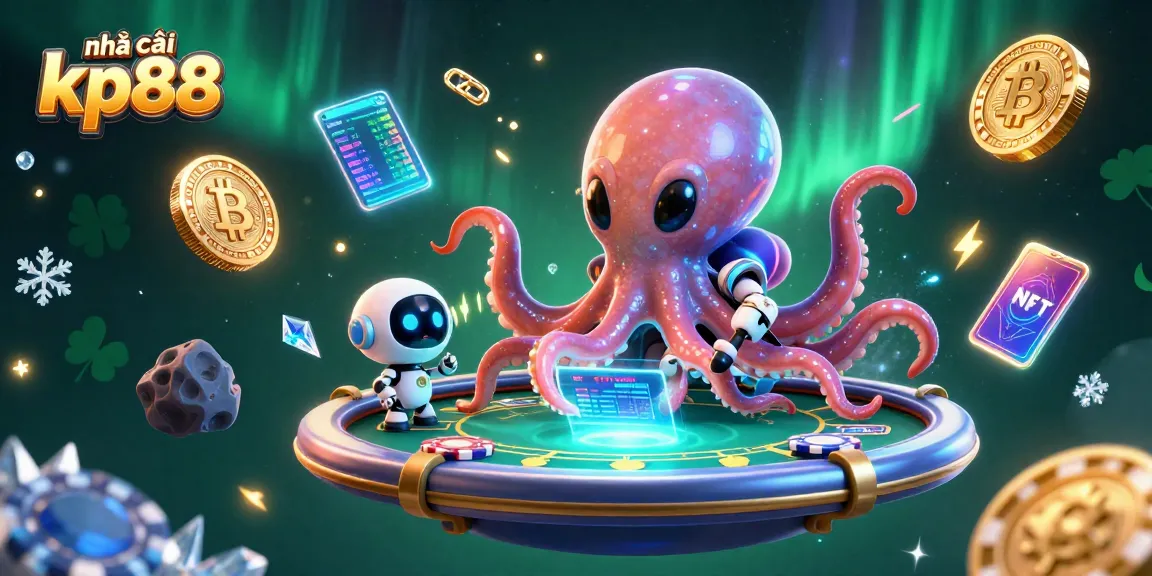 Join the fun at nhà cái kp88 with an alien octopus playing poker in a vibrant 3D casino!