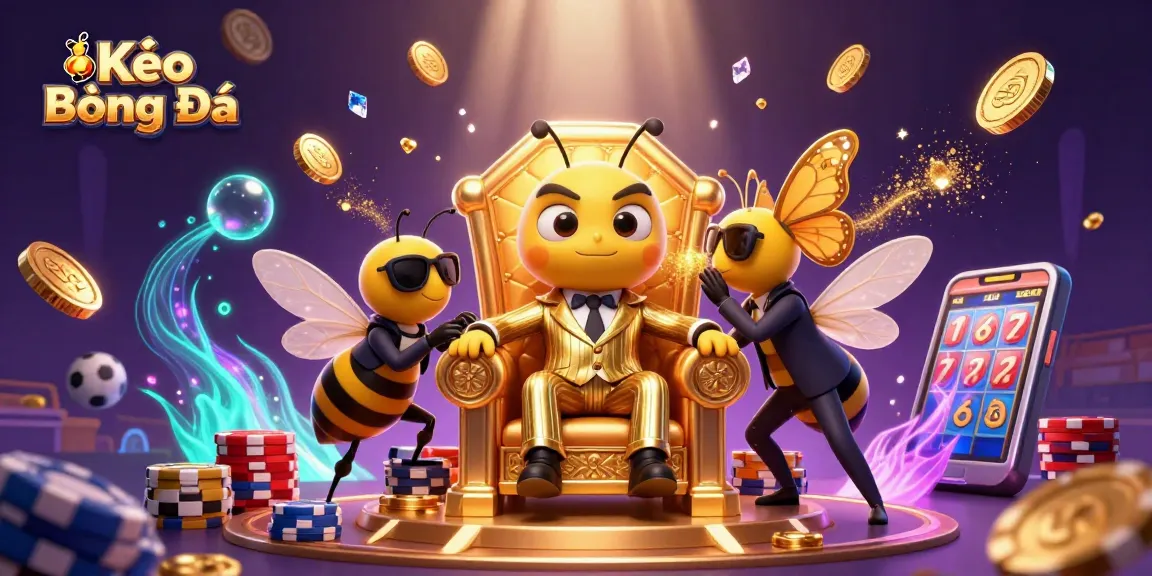 Kèo Bóng Đá boss oversees dynamic bets with sports and slot elements, amidst glittering coins and gems.