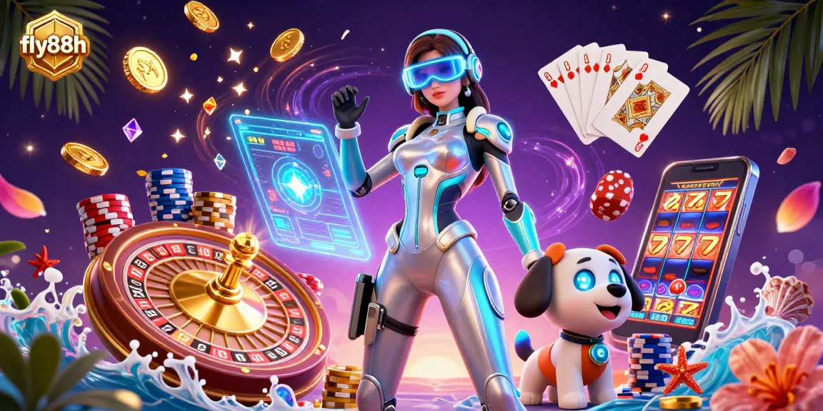 Win big with fly88h in this vibrant 3D casino scene featuring exciting gaming elements.