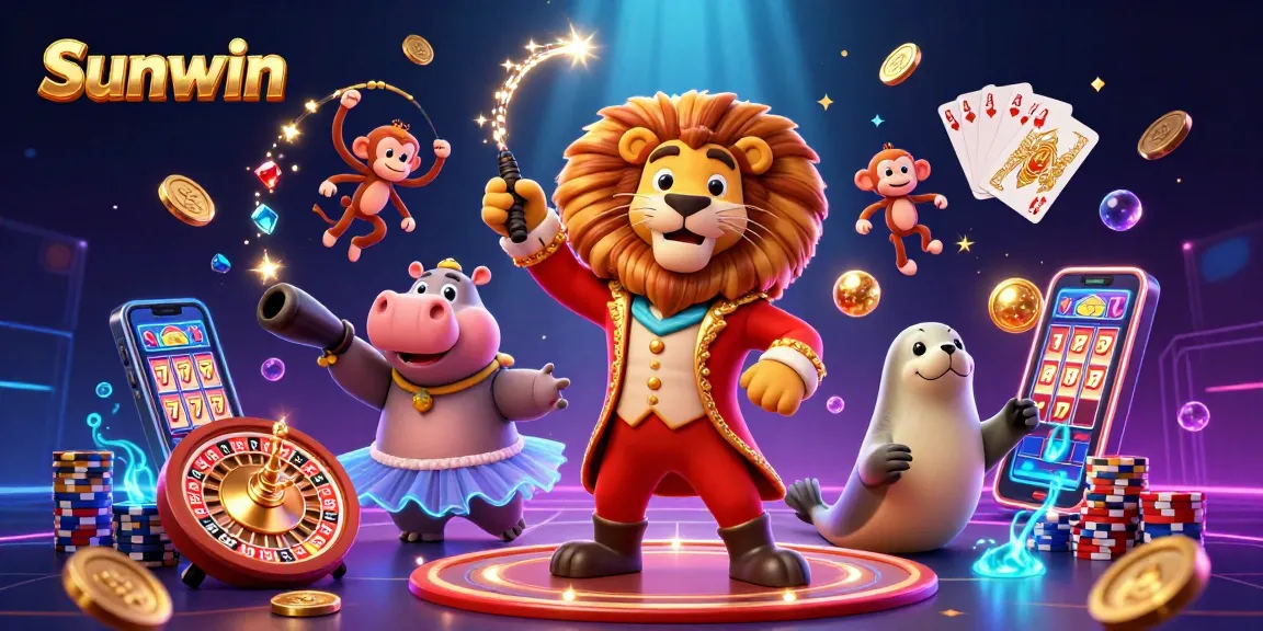 Engage in exciting games at Sunwin, showcasing a lively circus scene with lions, hippos, and festive casino elements.