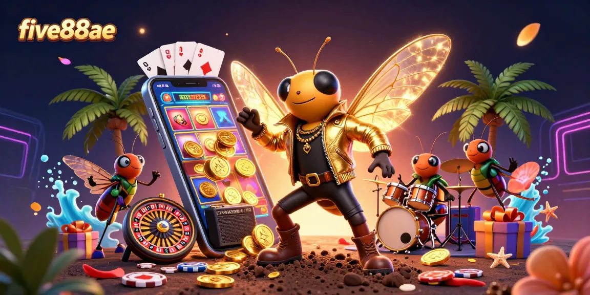 Experience exciting gaming with five88ae in a vibrant casino scene filled with slot games, coins, and lively characters.
